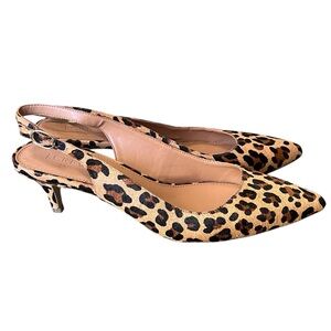 J. Crew leopard print calf hair leather sling back pointed toe kitten heels
